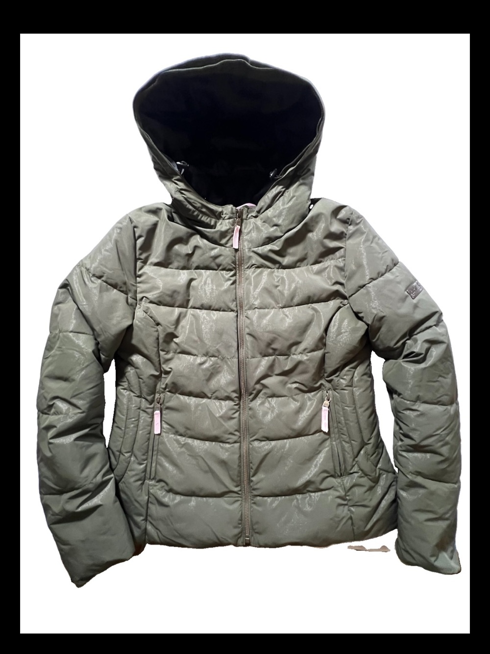 Obermeyer Women's Metallic Olive Green Quilted Hooded Ski Bombshell Jacket